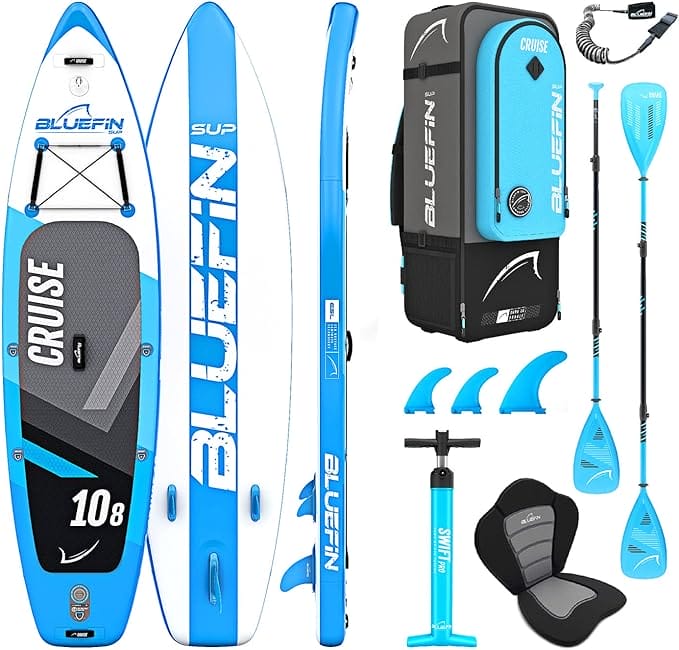 Bluefin Cruise SUP Pakket | Opstaand Opblaasbaar Paddle Board | 6" Dik | Glasvezelpeddel | Kajak Conversie Kit | Alle accessoires | 5 Jaar Garantie | Meerdere maten: Kids, 10'8, 12', 15' (2020 10'8)