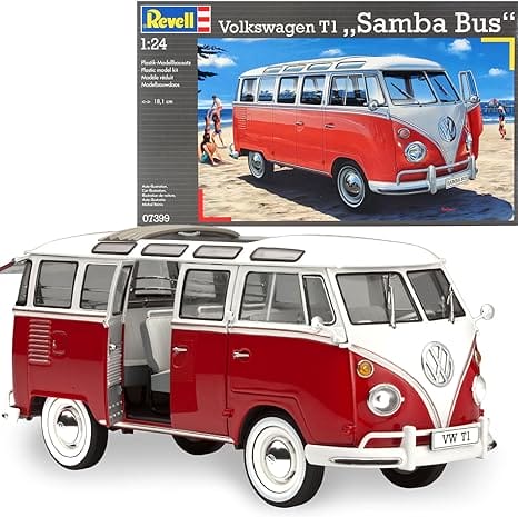 Revell Modelbouwset auto 1:24 - Volkswagen VW T1 Bulli Samba Bus schaal 1:24, niveau 5, getrouwe replica met veel details, VW Bus, 07399, rood/wit