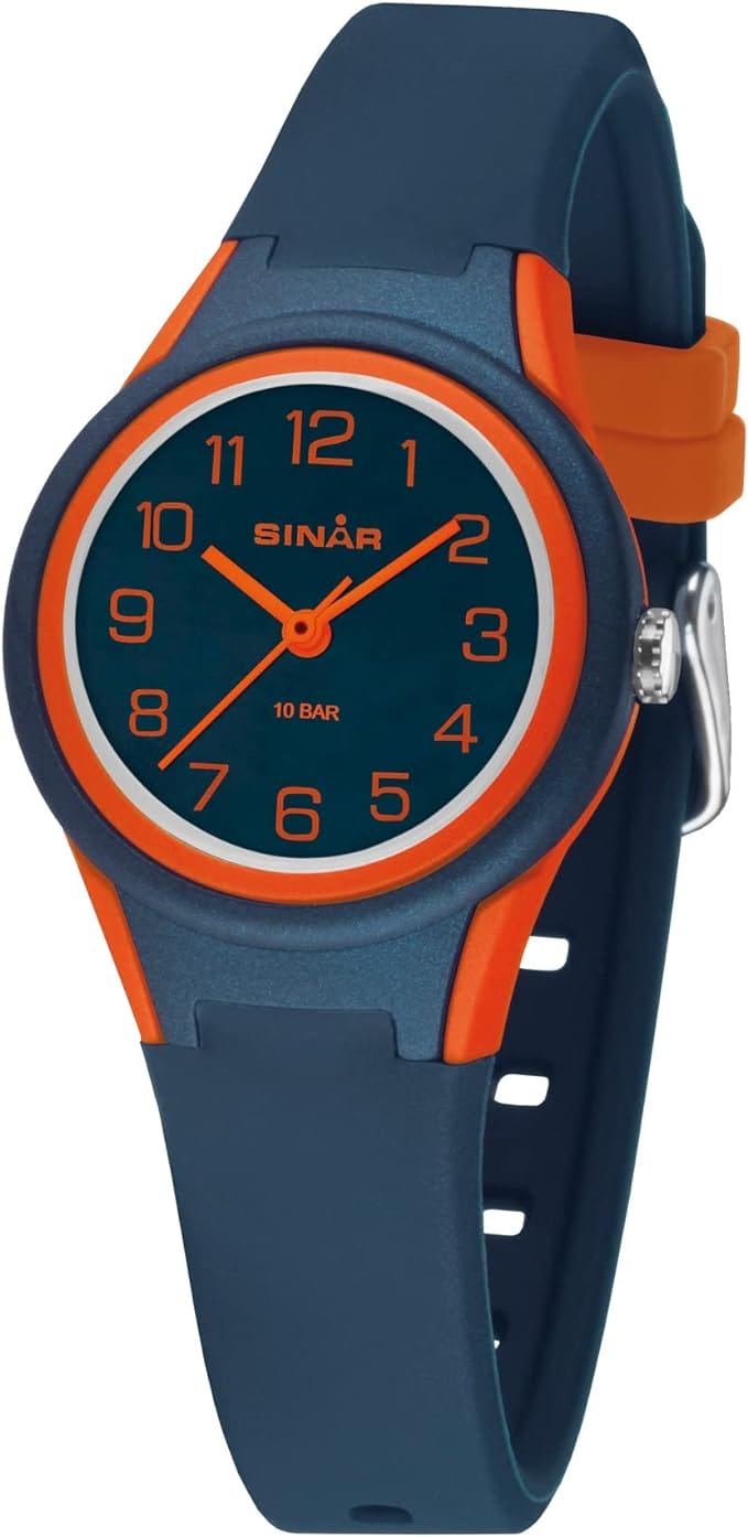 SINAR Meisjes Jongens Unisex Polshorloge Sport Horloge Fitness Analoog Quartz 10 Bar Waterdicht Donkerblauw Oranje XB-47-12, donkerblauw, Riemen.